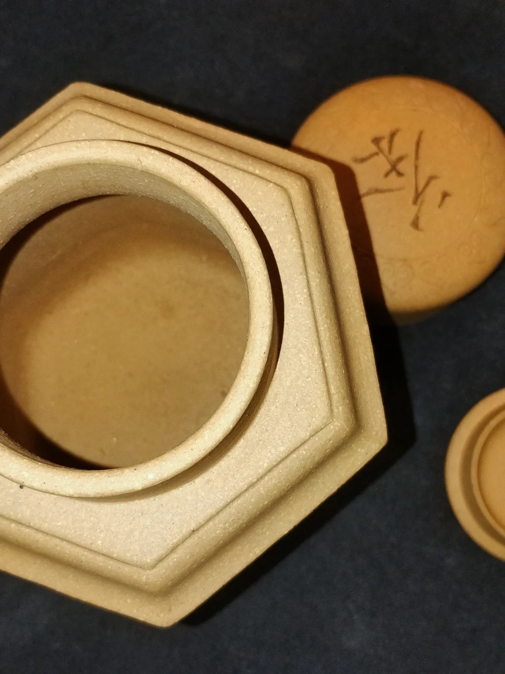 Vintage Chinese Yixing Zisha Clay Hexagon Tea Canister Jar Calligraphy Flowers